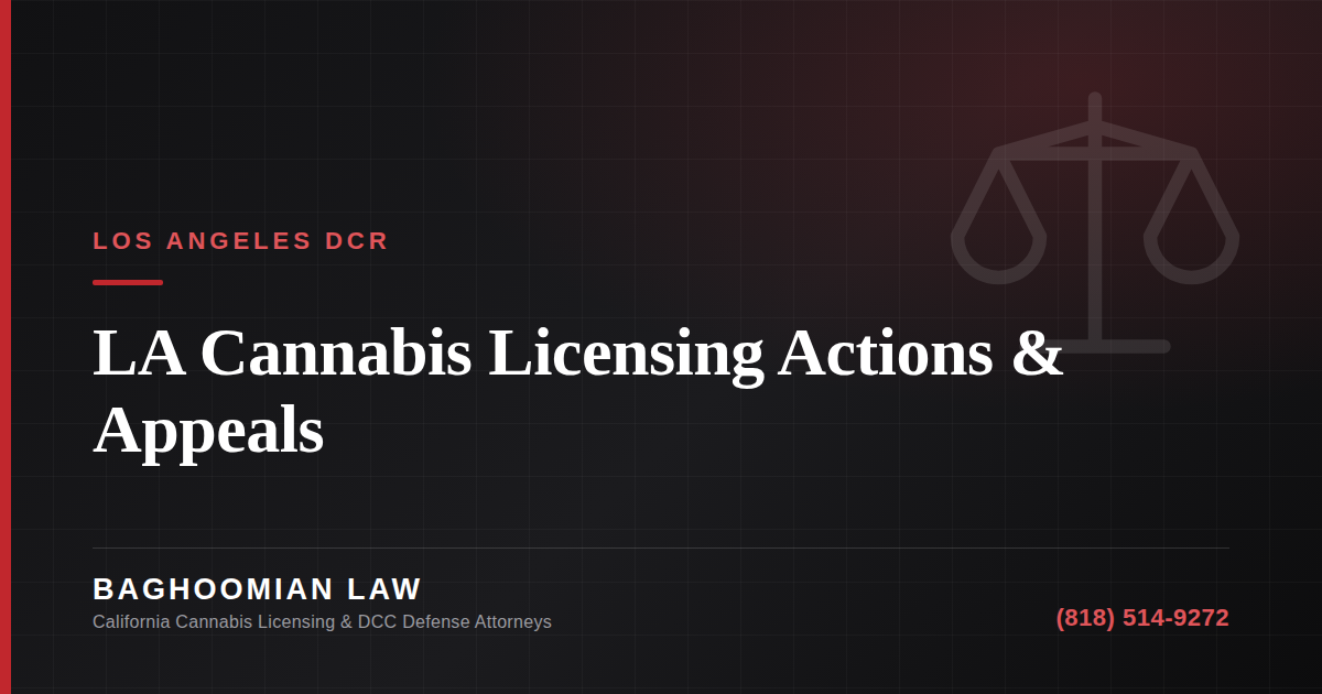 Graphic on Los Angeles DCR cannabis licensing actions, deadlines, and appeals under LAMC 104.13 and 104.14.
